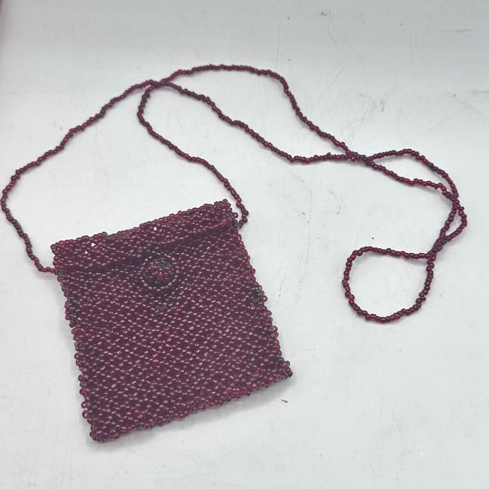 Vintage Boho Beaded Necklace Bag - Folk Art Hand Craft Hippie - Picture 3 of 8